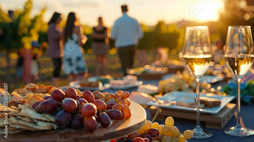 Outdoor wine tasting event at sunset with guests and catering. Social gathering and celebration concept. Warm atmosphere for invitation design.