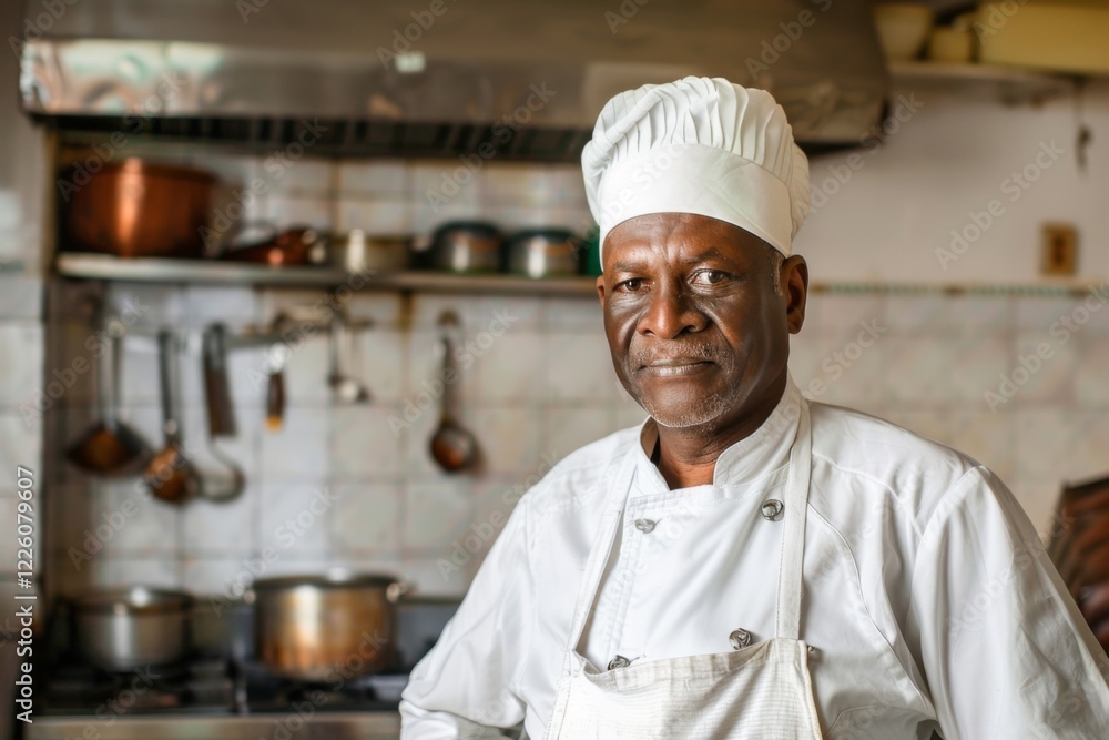 Portrait of a senior male African American chef in kitchen Portrait of a senior male African American chef in kitchen