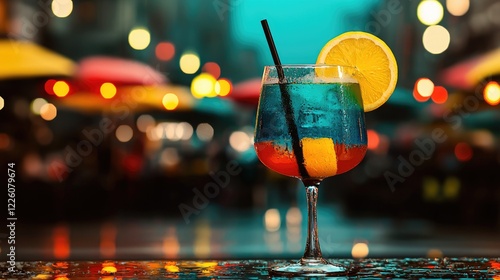 Blue Lagoon cocktail, city night, rainy street, vibrant bokeh photo