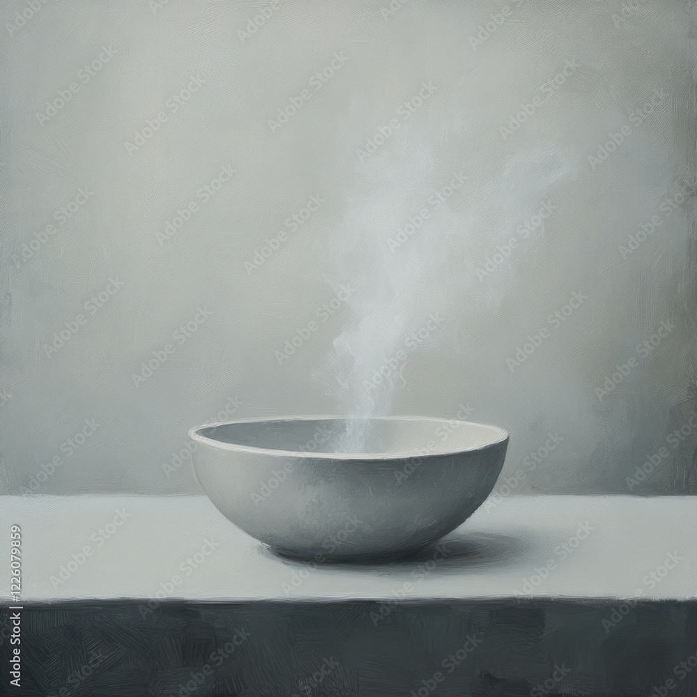 Steam rising from bowl on table, minimalist still life, food photography Steam rising from bowl on table, minimalist still life, food photography