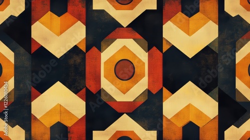 A bold and symmetrical pattern of geometric shapes in warm hues of yellow, orange, and brown, creating a distinctive vintage aesthetic with an artistic flair. photo