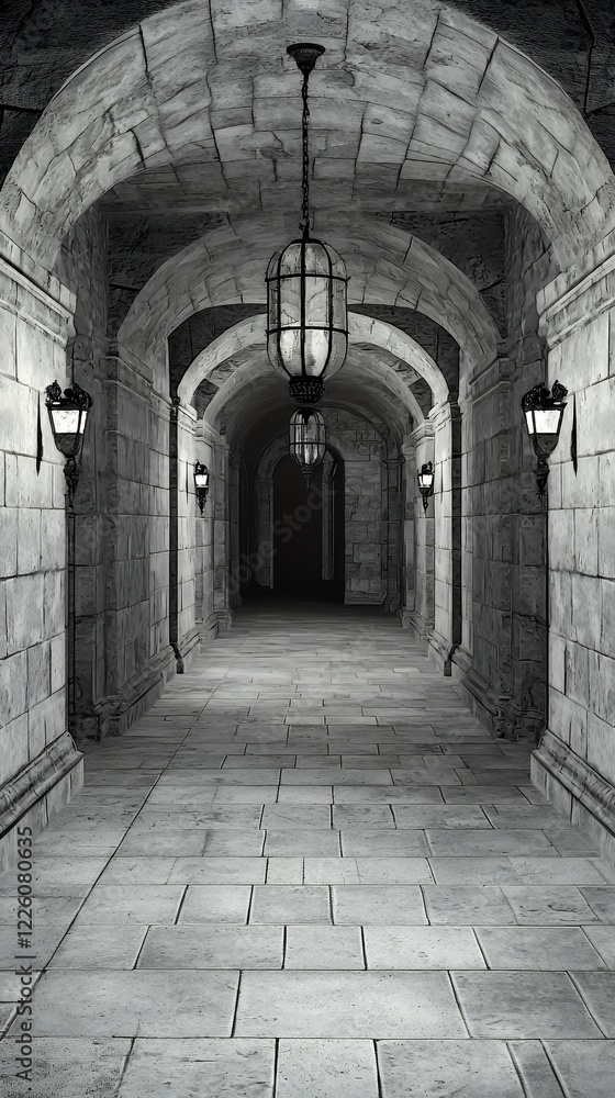 Fototapeta premium Mysterious Stone Corridor: A Monochrome Architectural Masterpiece