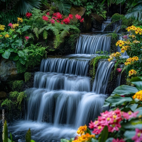 A picturesque garden setting featuring a cascading waterfall enveloped by vibrant blooming flowers and lush greenery, representing serenity and natural beauty.