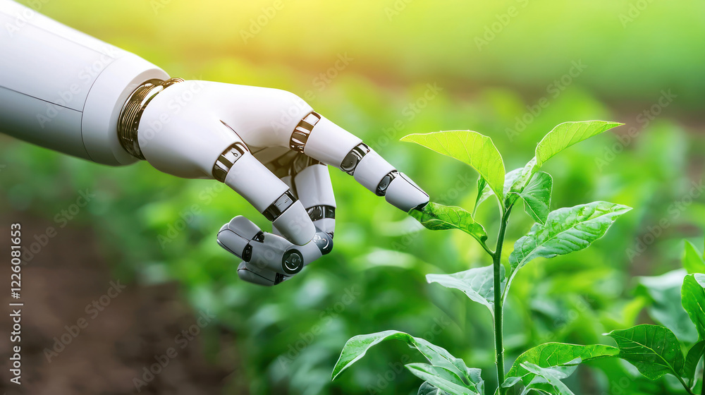 A Robotic hand analyzing plant health in vibrant farmland scene A Robotic hand analyzing plant health in vibrant farmland scene