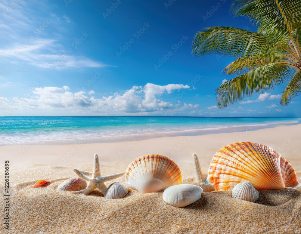 Colorful seashells and a starfish rest on pristine white sand beneath a swaying palm tree on a tropical beach with crystal-clear turquoise waters and bright sunshine. Colorful seashells and a starfish rest on pristine white sand beneath a swaying palm tree on a tropical beach with crystal-clear turquoise waters and bright sunshine.