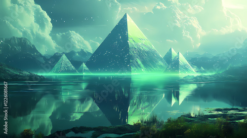 A surreal landscape with glowing pyramids floating above a serene lake. Mystic Horizon. Illustration photo