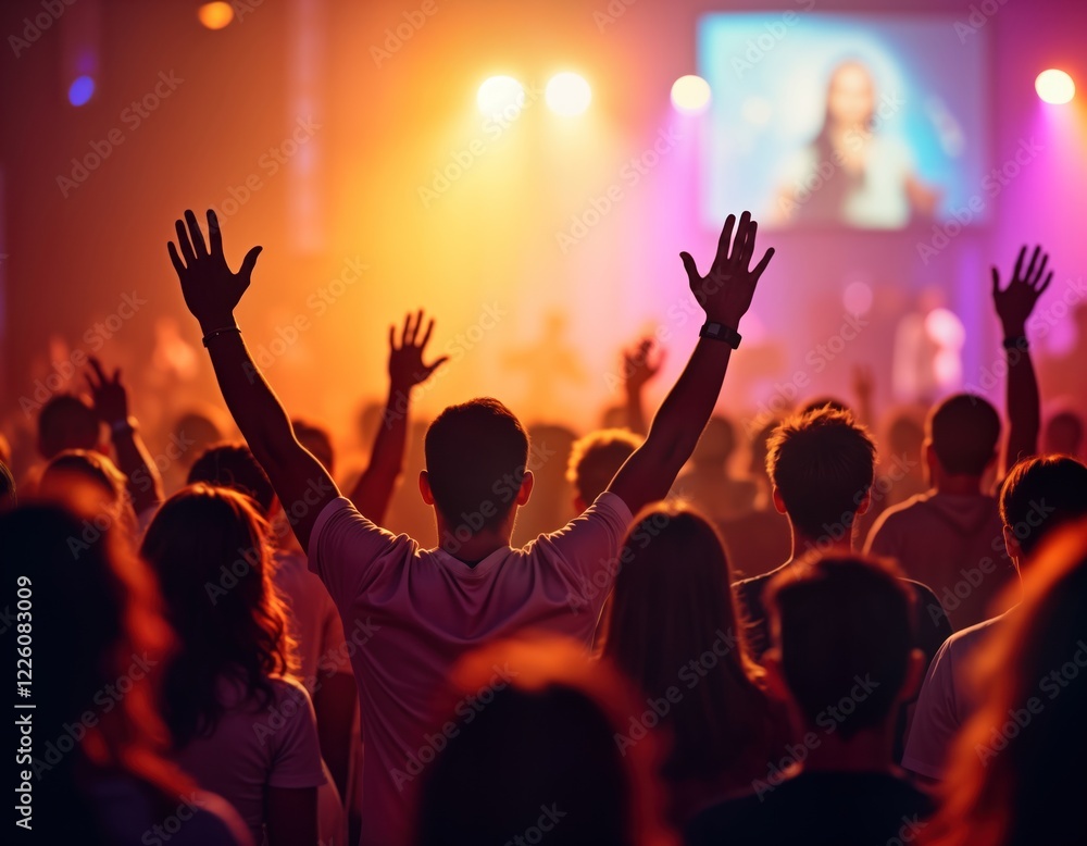 Large group people worship in church. Diverse community raise hands in praise. Spiritual gathering with joyful atmosphere. People showing devotion and unity. Religious ceremony in a hall. Large group people worship in church. Diverse community raise hands in praise. Spiritual gathering with joyful atmosphere. People showing devotion and unity. Religious ceremony in a hall.