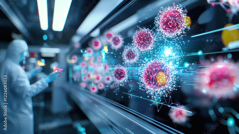 Fototapeta premium A Data visualization of complex algorithms in laboratory setting, showcasing science, technology, and digital innovation