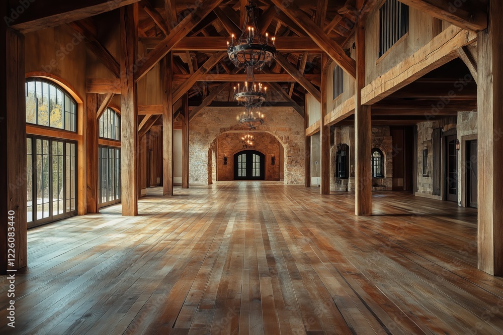 A Rustic interior design style spacious, elegantly designed interior of a rustic wooden hall featuring high ceilings, exposed beams, large windows, and chandeliers. The wooden floor. A Rustic interior design style spacious, elegantly designed interior of a rustic wooden hall featuring high ceilings, exposed beams, large windows, and chandeliers. The wooden floor.
