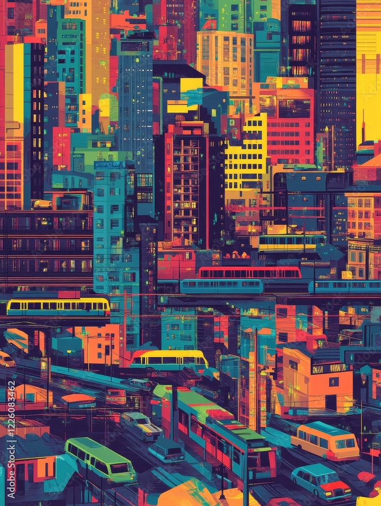Fototapeta premium A vibrant cityscape showcasing colorful urban architecture, bustling with trains and vehicles. The intricate design reflects modern city life.