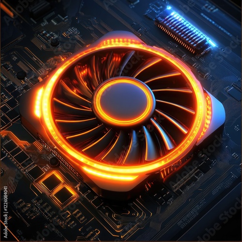 Close-up of a illuminated computer cooling fan on a circuit board.