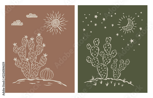 Boho cactus design. Desert contour illustration. Line landscape with sun, moon, cactus and succulents. Hand drawn. Vector illustration.eps