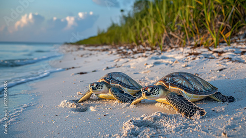 A Nesting sea turtles on peaceful Gulf coastline, surrounded by undisturbed sand and gentle waves