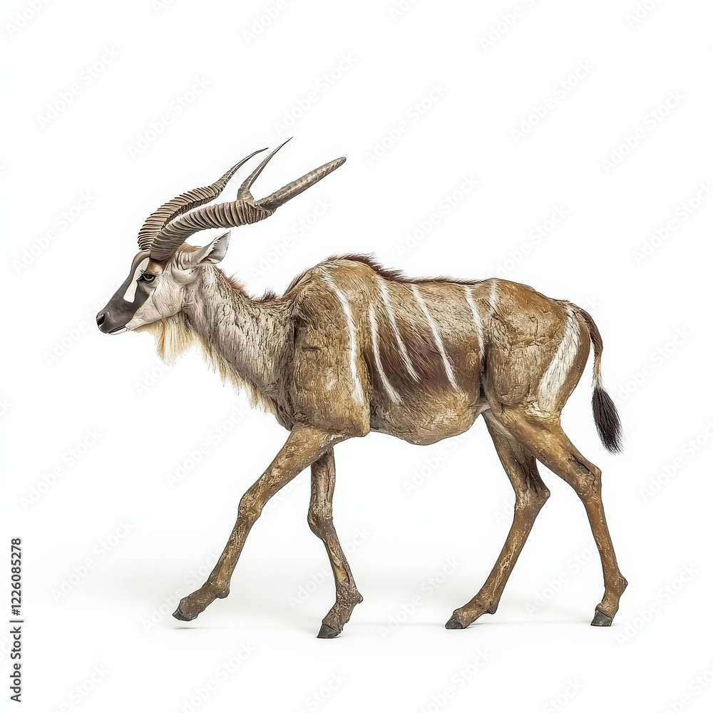 Obraz premium Striped antelope walking, side profile, white background.