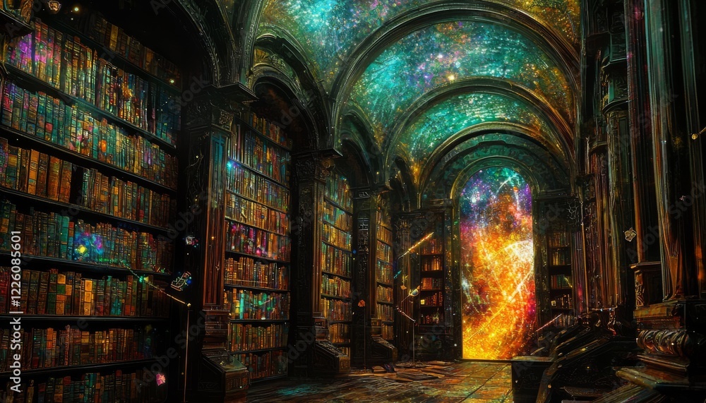 Obraz premium Journey through portals of knowledge and wonder in this colorful magical library.
