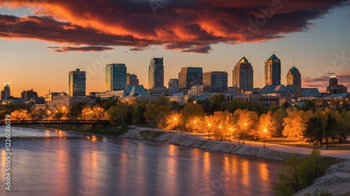 Charming view of Winnipeg's skyline reflecting the vibrant colors of sunset over the river with illuminated trees lining the waterfront