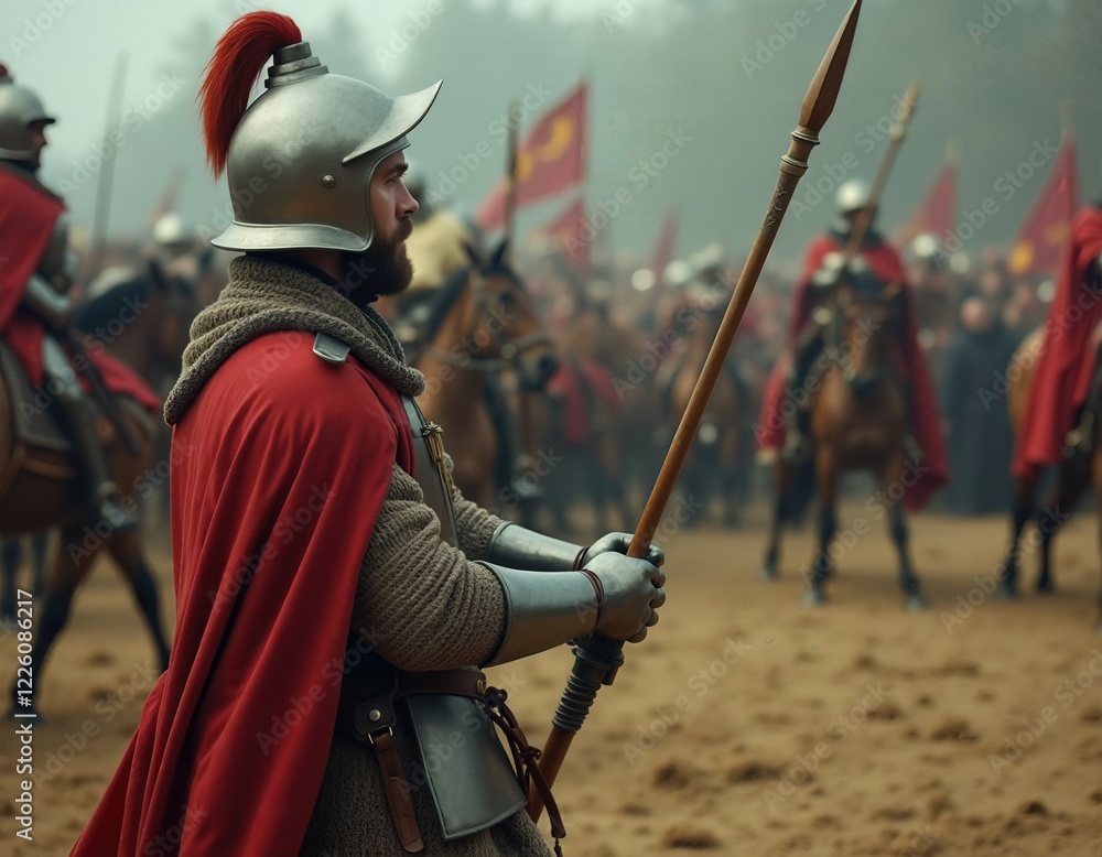 Fototapeta premium Medieval Warrior In Armor Holding A Spear Amidst Soldiers And Colorful Flags On A Battlefield. 