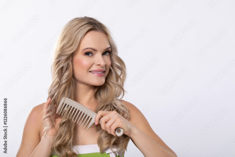 A woman gracefully combs her long hair with a wooden comb, exuding elegance and charm