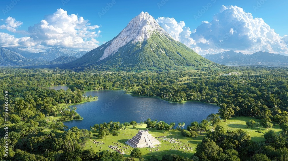 Mayan pyramid lake volcano landscape; travel brochure Mayan pyramid lake volcano landscape; travel brochure