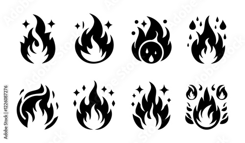 Collection of fire icons in silhouette style on white background