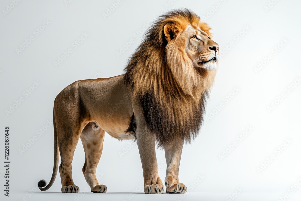 Obraz premium Majestic male lion stands tall, showcasing its powerful presence against a neutral backdrop.