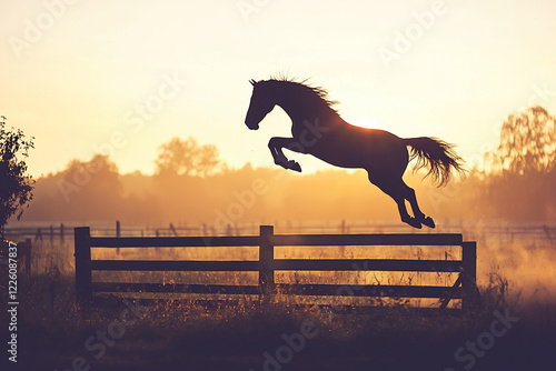 Wallpaper Mural Majestic horse leaping over a wooden fence at sunset, surrounded by a serene rural landscape Torontodigital.ca