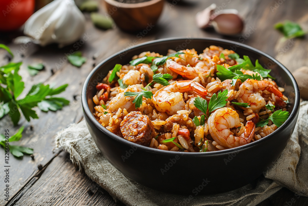 Delicious shrimp and sausage rice dish served in a rustic bowl with fresh herbs on a wooden table Delicious shrimp and sausage rice dish served in a rustic bowl with fresh herbs on a wooden table