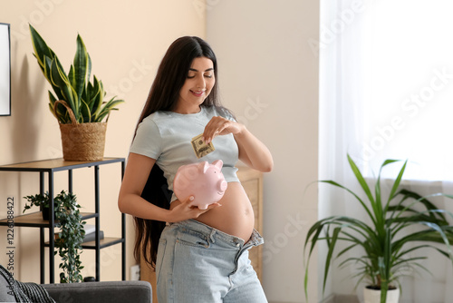 Pregnant woman saving money...