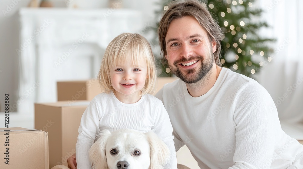 Happy family unpacking in new home at Christmas Happy family unpacking in new home at Christmas