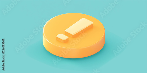 3D illustration of button with yellow exclamation mark, turquoise background photo