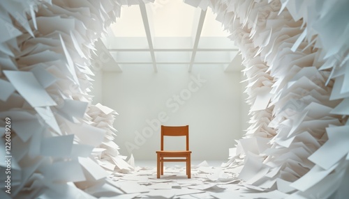 Empty chair surrounded by vortex of white papers. Modern art piece overwhelming paperwork. Concept photo. Solitary chair in sea of documents. White background creates minimalist feel. Illustrates