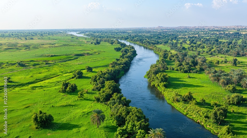 Aerial view of Nile River flowing through lush green fields in Egypt, used for travel brochures Aerial view of Nile River flowing through lush green fields in Egypt, used for travel brochures