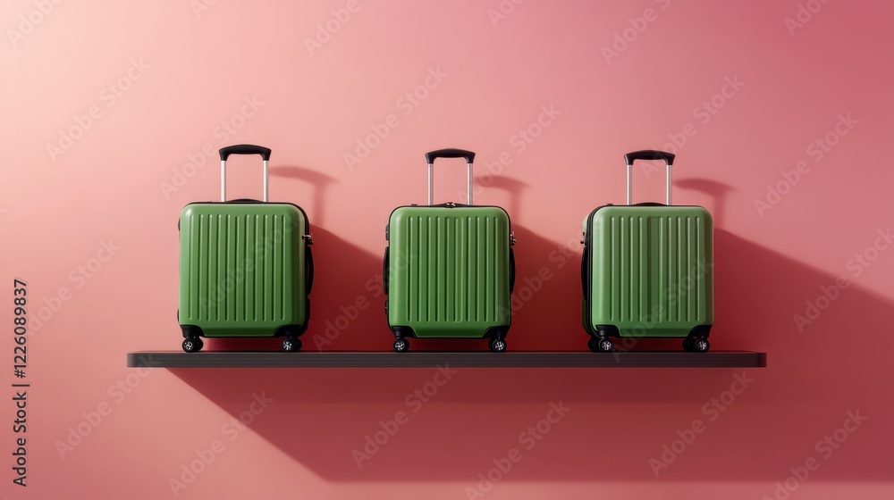 Three Stylish Green Suitcases on a Shelf Against a Pink Background, Perfect for Travel and Luggage Collections, Bringing a Modern Touch to Any Space Three Stylish Green Suitcases on a Shelf Against a Pink Background, Perfect for Travel and Luggage Collections, Bringing a Modern Touch to Any Space