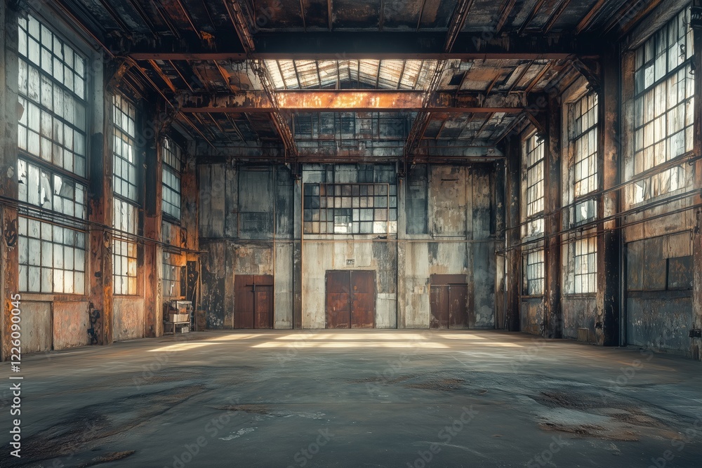 An empty, Industrial interior design style warehouse with large windows allowing natural light to flood in. The walls show signs of wear and rust, creating a gritty atmosphere. An empty, Industrial interior design style warehouse with large windows allowing natural light to flood in. The walls show signs of wear and rust, creating a gritty atmosphere.