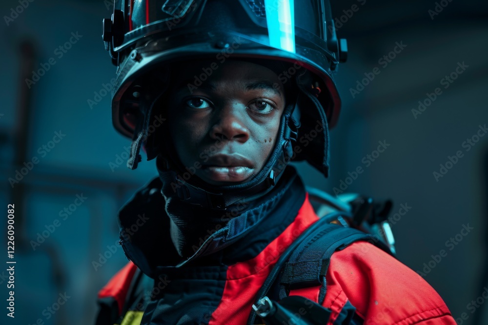 Portrait of a young African American male firefighter in station Portrait of a young African American male firefighter in station