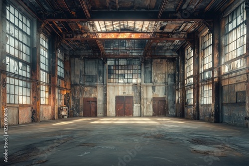 Wallpaper Mural An empty, Industrial interior design style warehouse with large windows allowing natural light to flood in. The walls show signs of wear and rust, creating a gritty atmosphere.  Torontodigital.ca