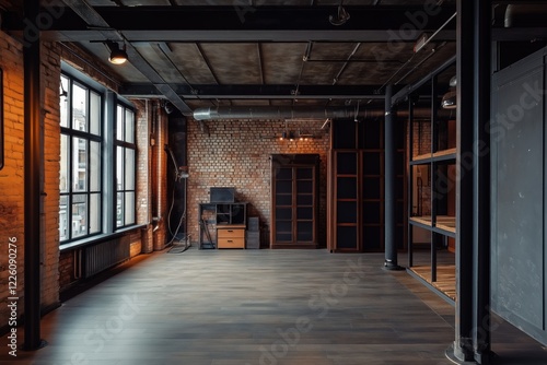 Wallpaper Mural A spacious, Industrial interior design style modern industrial-style interior featuring exposed brick walls, large windows, and wooden flooring. The room is empty with minimal furniture. Torontodigital.ca