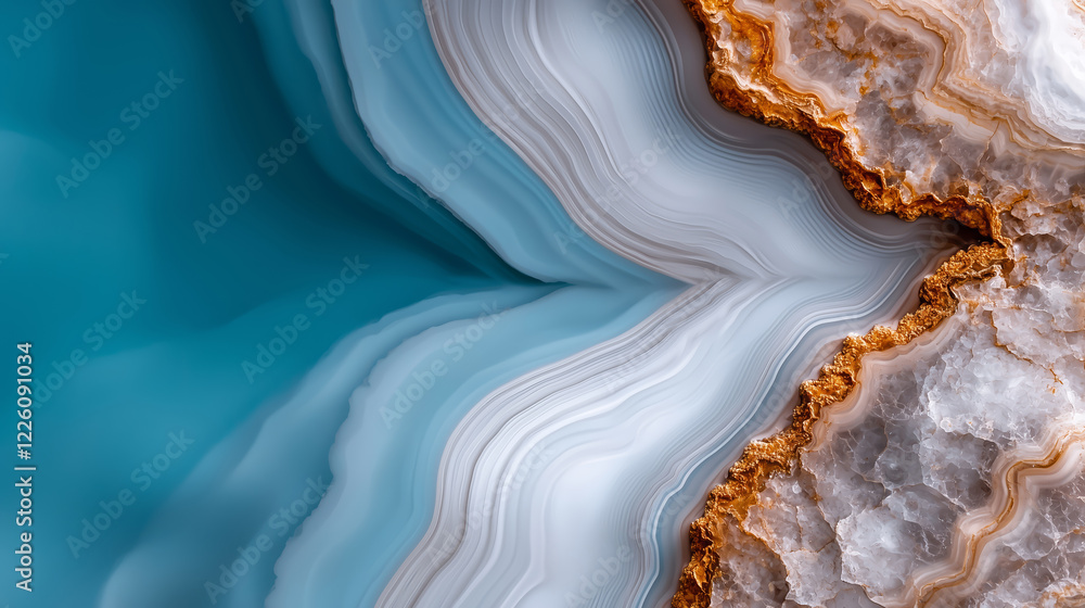 Obraz premium A stunning close-up of a blue agate stone with golden mineral formations, creating an elegant abstract texture.