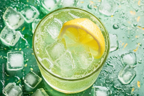 Refreshing green drink with ice and lemon slice on a vibrant background, perfect for summer promotions photo