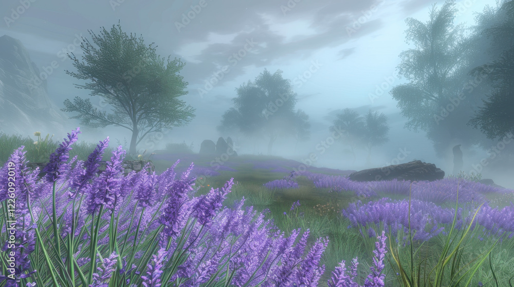 Obraz premium serene landscape featuring purple flowers in misty environment, with trees and rocks in background, creating tranquil and dreamy atmosphere