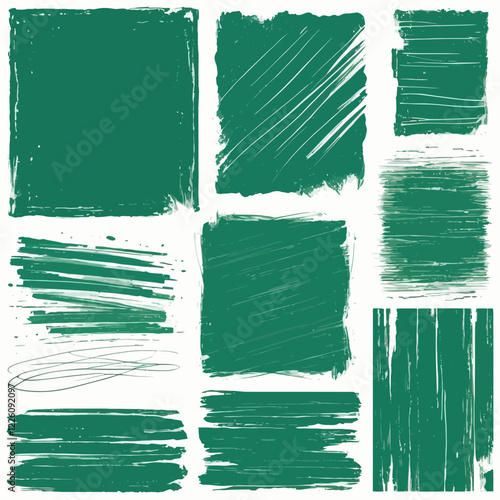 Pack of flat green ink vector lines.long and round hand drawn brush stroke text highlights, frames, circles in green color. Asian calligraphy brush stroke set. Rough grunge abstract blood color doodle