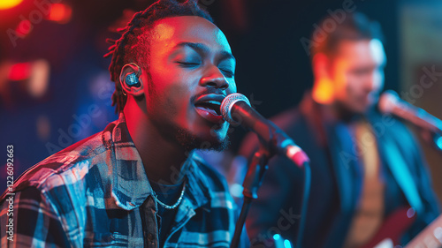 Immersed in Music. A passionate male lead singer performs with his band, eyes closed, feeling the music. He's under vibrant stage lights with a focused expression. photo