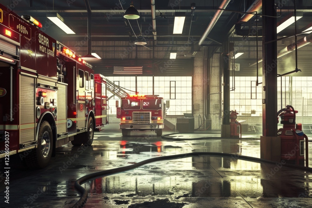 Fototapeta premium Interior of a fire station with fire trucks
