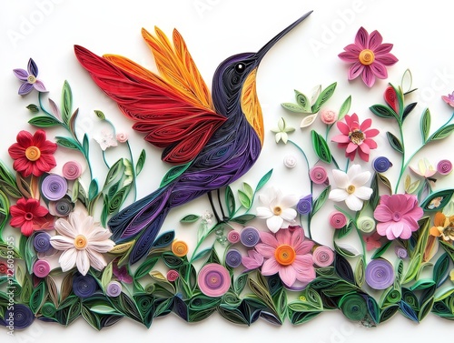 A magnificent quilled paper artwork featuring a colorful hummingbird hovering amidst a vibrant assortment of flowers, showcasing detailed craftsmanship and vivid artistry.