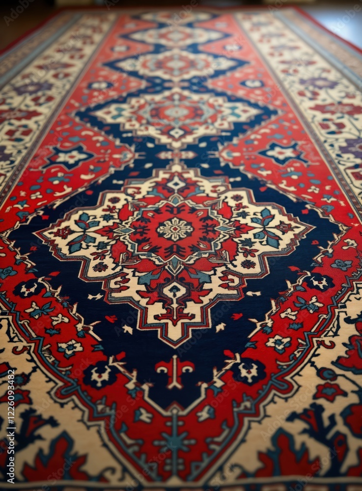 Intricate oriental rug with vibrant red navy, beige patterns. Traditional design. Classic textile masterpiece. Handcrafted rug with exquisite details. Excellent choice for home decor. Luxurious, Intricate oriental rug with vibrant red navy, beige patterns. Traditional design. Classic textile masterpiece. Handcrafted rug with exquisite details. Excellent choice for home decor. Luxurious,