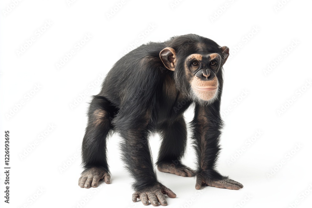 Naklejka premium Young chimpanzee stands on white background.