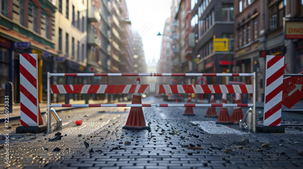 Obraz premium Construction site with barriers and cones on city street, showcasing urban development and roadwork. scene captures essence of bustling city undergoing changes