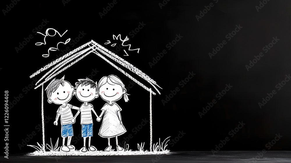 Happy family of three children at home, black background, chalk drawing, family concept Happy family of three children at home, black background, chalk drawing, family concept