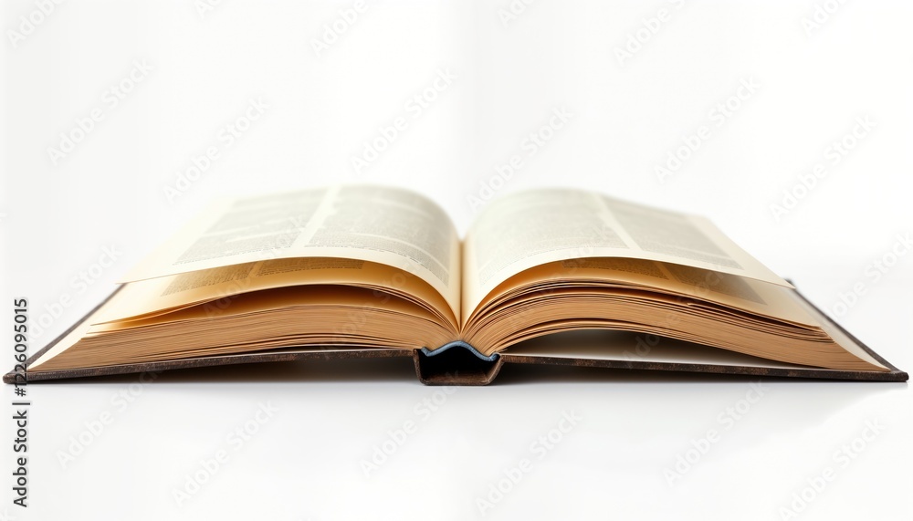 Open book resting on white surface. Pages spread showing text. Vintage style. Isolated object. Ideal for education themes. Learning research concept. Study material. Historical library setting. Open book resting on white surface. Pages spread showing text. Vintage style. Isolated object. Ideal for education themes. Learning research concept. Study material. Historical library setting.