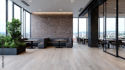 Wallpaper Mural Modern office lounge with city view, brick wall, plants Torontodigital.ca